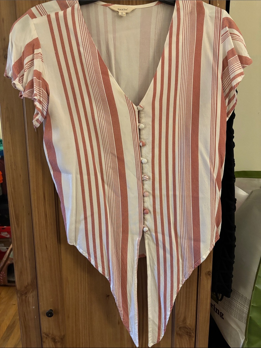 Striped V-Neck Button-Front Blouse in Dusty Pink